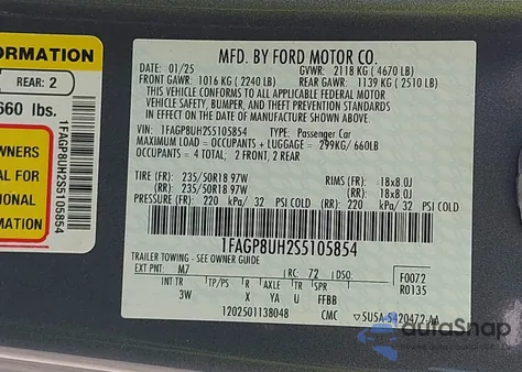 2025 Ford Mustang из США, поврежденный, VIN 1FAGP8UH2S5105854